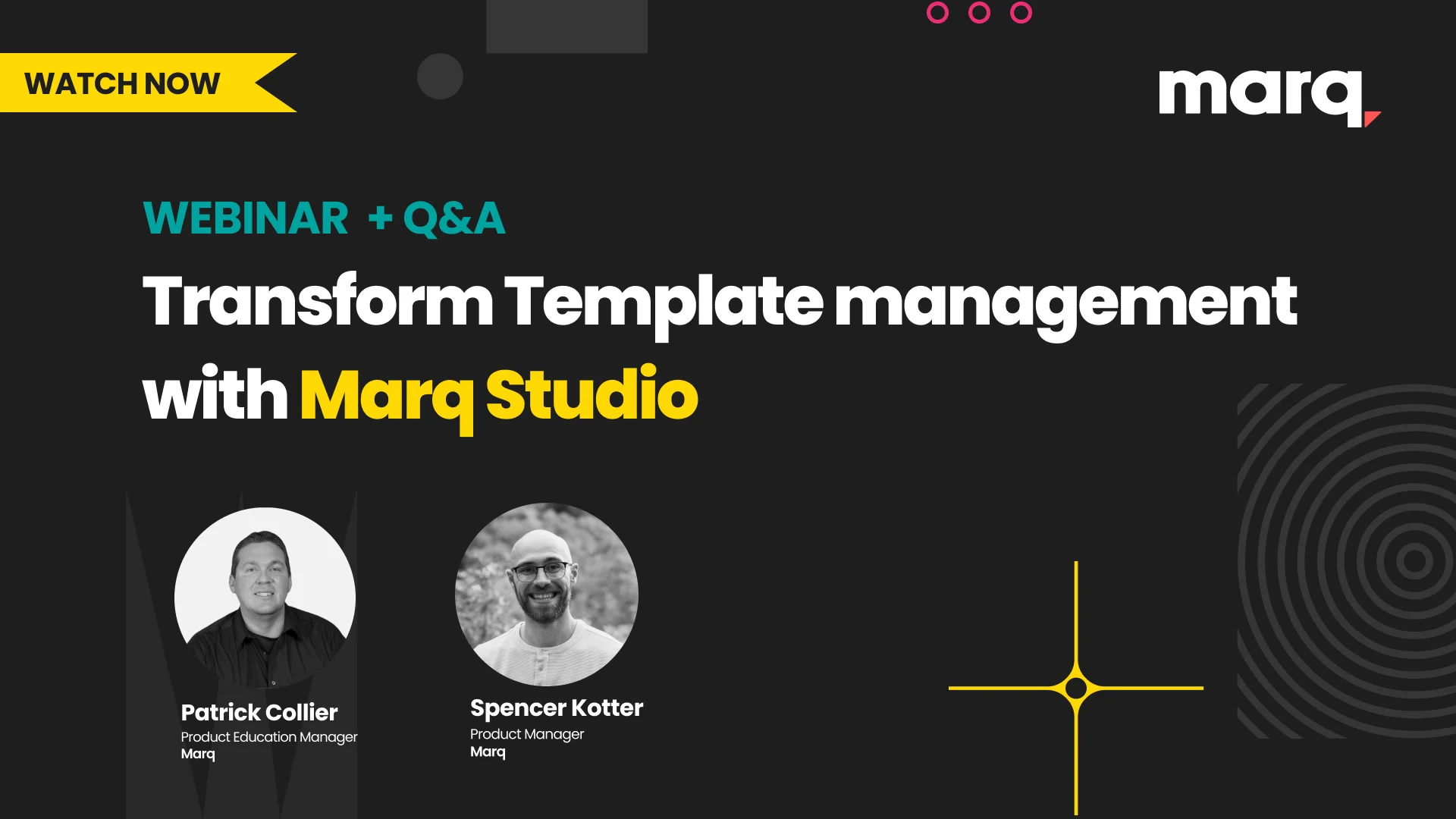 Marq Studio webinar title slide showing presenters' names and 'training + Q&A' with description of bulk template management features